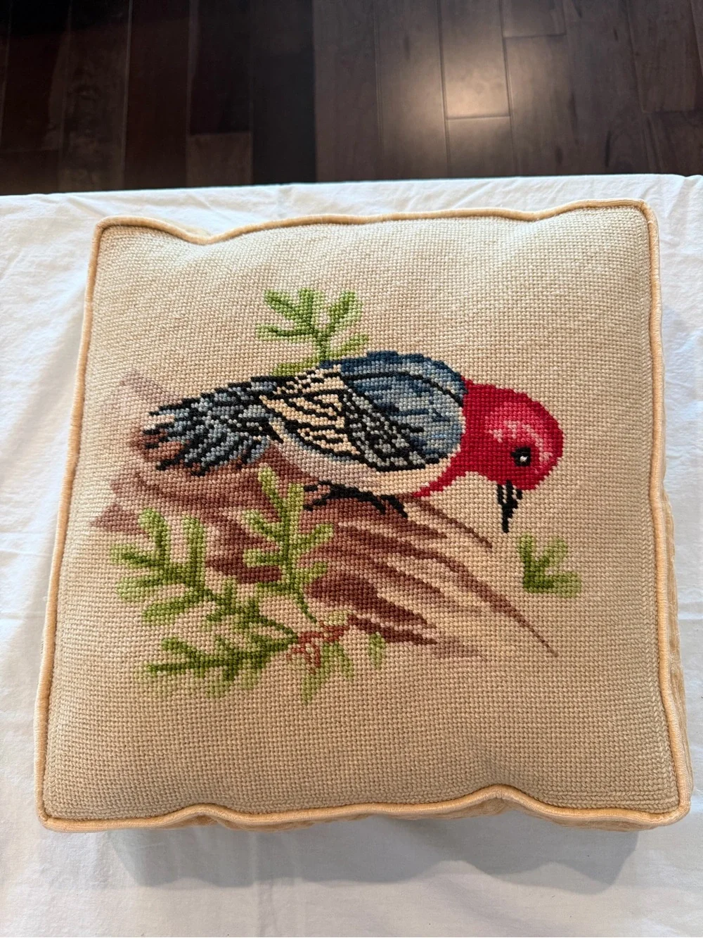 Vintage handmade  woodpecker Needlepoint accent Pillow / Cushion -